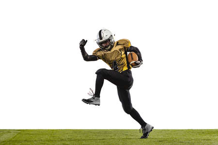 One professional american football player in a motion isolated over white studio background