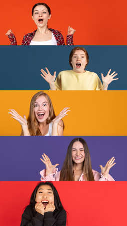 Collage of an ethnically diverse young women isolated over multicolored background. Excitement and happinessの写真素材