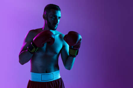 One professional male boxer training isolated over purple backgrund in neon light. Punchingの写真素材