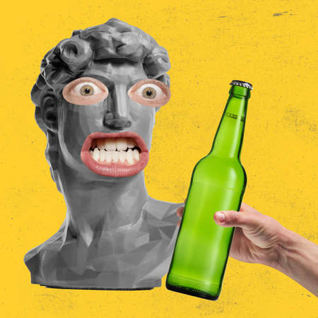 Contemporary art collage of antic statue with human eyes and mouth isolated over yellow background. Human hand holding bottle of beerの写真素材