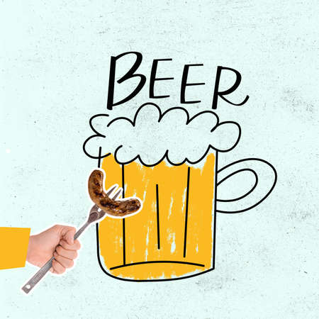 Oktoberfest concept. Drawn glass of lager foamy beer isolated over pastel background.の写真素材