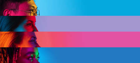 Collage of croppedside view male and female eyes placed on the left narrow stripes isolated over colored backgrounds in neon lights.の写真素材