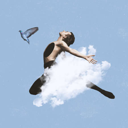Contemporary art collage of male ballet dancer in motion covered with cloud. Dove flying isolated over blue backgroundの写真素材