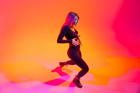 Full-length portrait of beautiful sportive Caucasian girl dancing hip-hop isolated over gradient pink yellow background in neon lightの写真素材