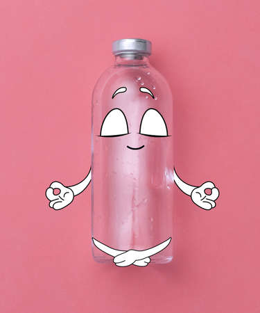 Contemporary art collage of dropper bottle with cartoon drawings isolated over pink backgroundの写真素材