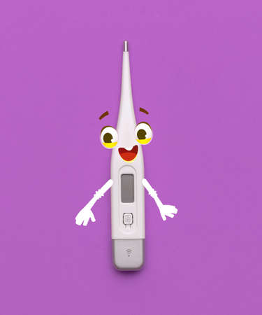 Contemporary art collage of thermometer with funny cartoon eyes isolated over purple background