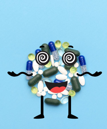 Contemporary art collage of health vitamins with cartoon drawings isolated over blue background