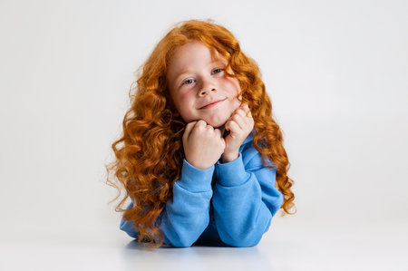 Portrait of little Caucasian cute girl posing isolated over gray studio background.の写真素材