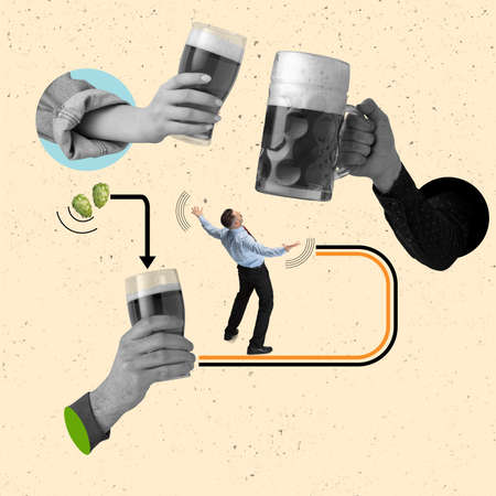 Contemporary art collage of beer life cycle. Composition of beer creation and drinkingの写真素材