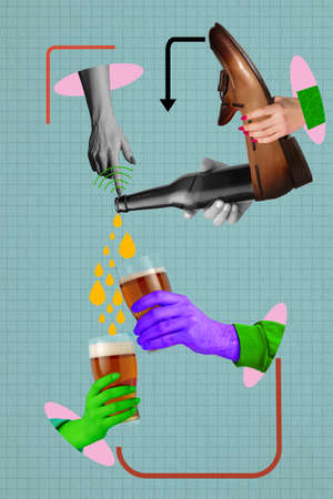 Contemporary art collage of pouring beer from a shoe into glass
