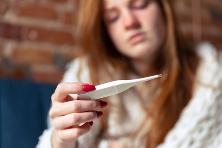 Cropped portrait of young sick girl feeling bad, holding electronic thermometer