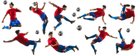 Young man, male soccer football player in motion, training isolated over white background. Collageの写真素材