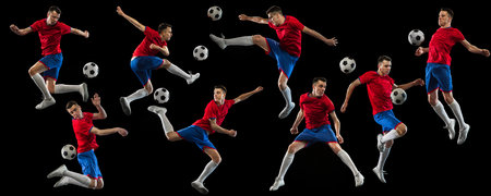 Young man, male soccer football player in motion, training isolated over black background. Collage. Developing of movementsの写真素材