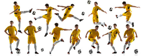 Collage of movements Young man, male soccer football player in motion, training isolated over white background.の写真素材