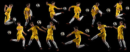 Collage of movements Young man, male soccer football player in motion, training isolated over black background. Ball kickingの写真素材