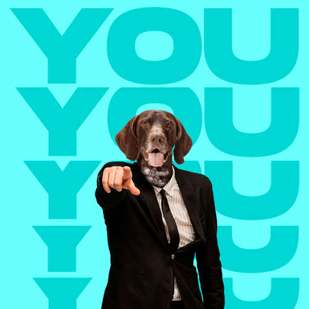 Contemporary art collage of man in black official suit with dog head isolated over mint background...