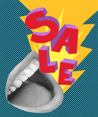 Contemporary art collage of female mouth shouting sale speech isolated over textured dark green backgroundの写真素材