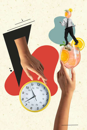 Contemporary art collage of human hands, alcohol cocktail, clock and man in official suit with cocktail head isolated over yellow backgroundの写真素材