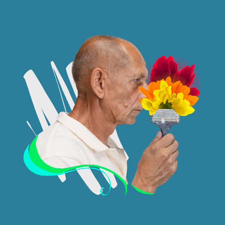 Contemporary art collage of senior artist, painter with brush and flowers isolated over blue...