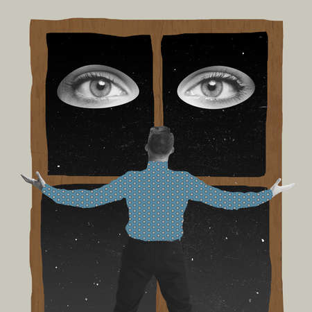 Contemporary art collage of man looking out the window on big beautiful female eyes at night