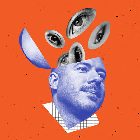 Contemporary art collage of man, male head with different falling eyes inside isolated over orange background. Influence of opinionsの写真素材