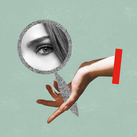 Contemporary art collage of female hand holding mirror with woman eye reflection isolated over mint background. Beautyの写真素材