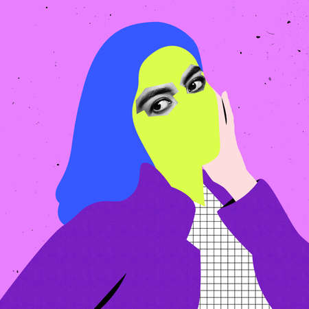 Contemporary art collage of drawn woman with real female eyes isolated over pink background. Look and dreamの写真素材