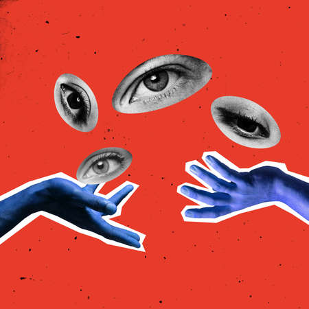 Contemporary art collage of human hands and eyes isolated over red background. Variability of opinion and attitudeの写真素材