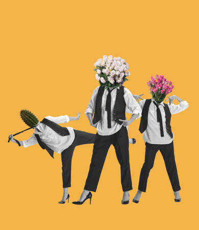 Contemporary art collage of women with flower head wearing make black and white suit isolated over orange backgroundの写真素材