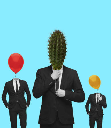 Contemporary art collage of man in official black suit with flower head and air baloons head...