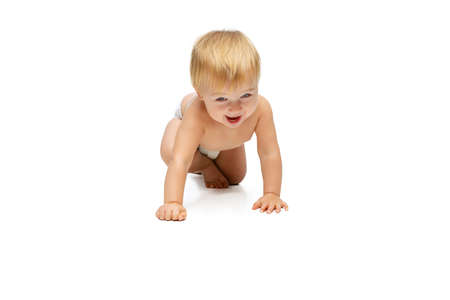 Portrait of little cute toddler boy, baby in diaper crawling isolated over white studio backgroundの写真素材