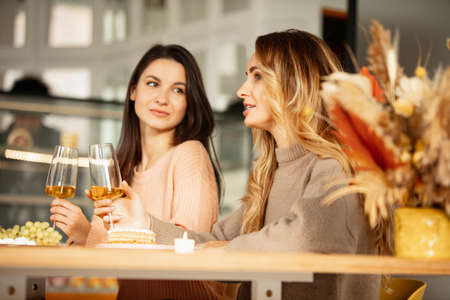 Beautiful smiling friends, women drinking delicious white wine at the meeting in restaurantの写真素材