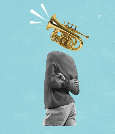 Contemporary art collage of man in official suit with trumpet head isolated over blue backgroundの写真素材