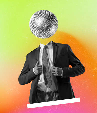 Contemporary art collage of man in official suit with disco ball head isolated over multicolored backgroundの写真素材