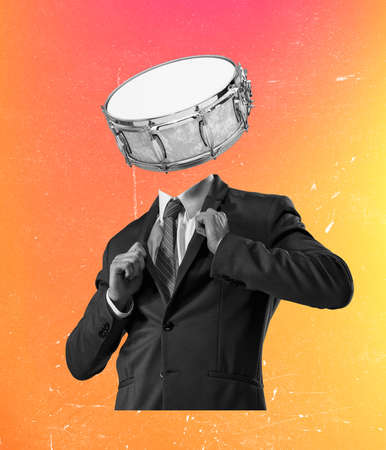 Contemporary art collage of man in official suit with drum head isolated over multicolored...