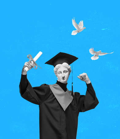 Contemporary art collage of man with antique statue head in graduate gown isolated over blue...