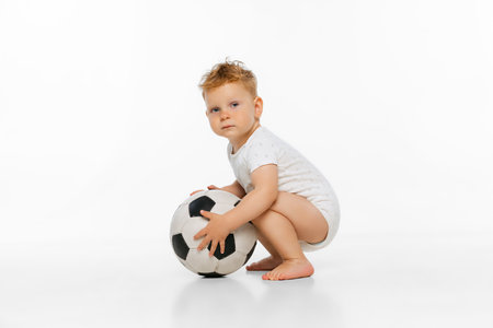 Full-length portrait of little boy, child in bodysuit playing with football ball isolated over white...