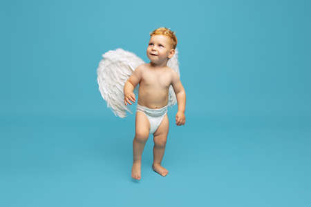 Full-length portrait of little boy, child in diaper with angel wings standing and looking up isolated over blue background.の写真素材