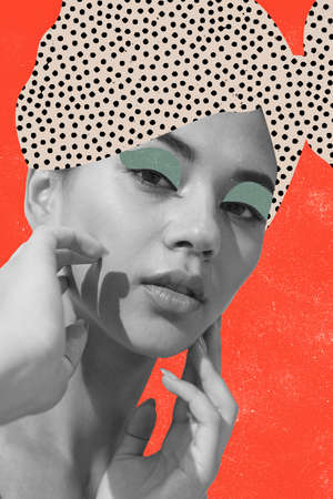 Contemporary art collage of beautiful tender woman with drawn headwear element isolated over red backgroundの写真素材