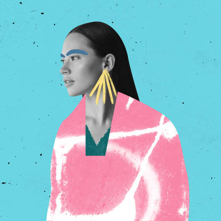 Contemporary art collage of beautiful stylish woman with drawn elements of cloth and accessories isolated over blue background. Fashion trendsの写真素材