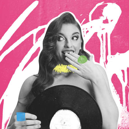Contemporary art collage of beautiful woman with drawn elements isolated over pink background. Jazz...