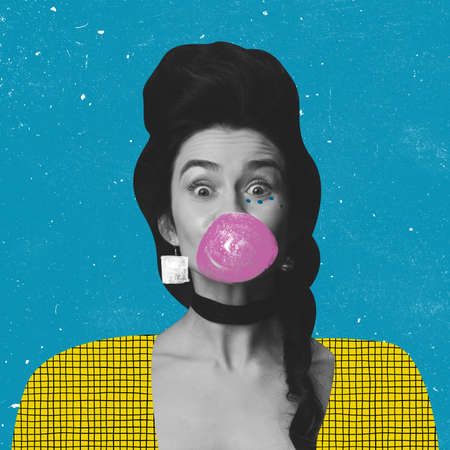 Contemporary art collage of beautiful tender woman with drawn gum and cloth elements isolated over blue backgroundの写真素材
