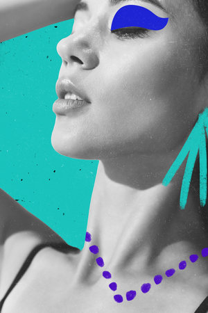 Contemporary art collage of beautiful tender woman with drawn makeup and accesories elements...