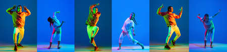 Collage of talented young boy and girl dancing hip-hop isolated over blue background in neon lights