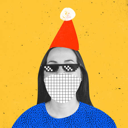 Contemporarty art collage of woman in red holiday hat, face protective mask and pixel glasses...