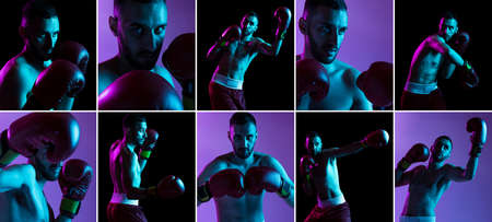 Collage of portraits of professional male boxer training isolated over black and purple backgrund in...