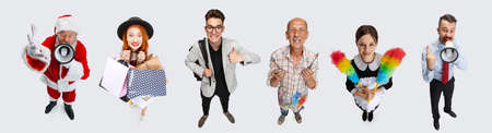 Collage of different cheerful people standing in a line isolated on white background
