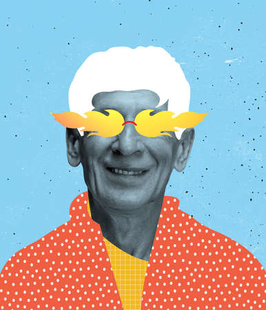 Contemporary art collage of senior man in stylish orange glasses and colorful cloth isolated over blue backgroundの写真素材