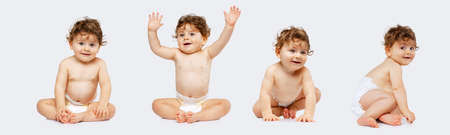 Collage of portraits of little boy, baby, child in diaper making faces and sitting isolated over white backgroundの写真素材