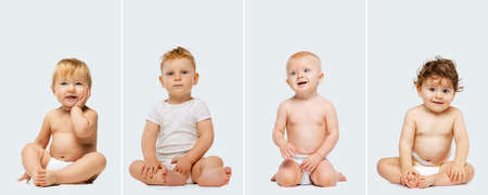 Collage of portraits of little children calmly sitting and looking at camera isolated over white backgroundの写真素材